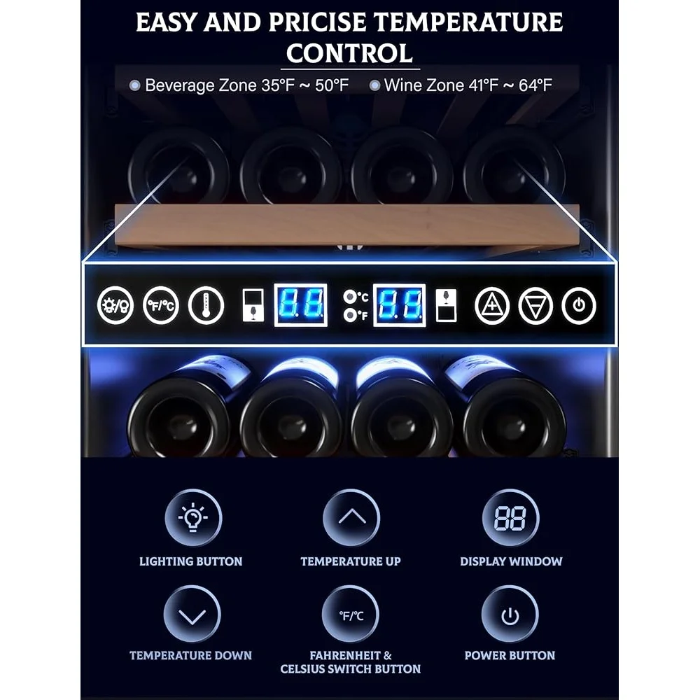 Weinkühlschrank mit zwei Zonen, Fassungsvermögen für 28 Flaschen, freistehender Kühler mit Kindersicherung, kompakter Kühlschrank, energieeffizient, luftgekühlt