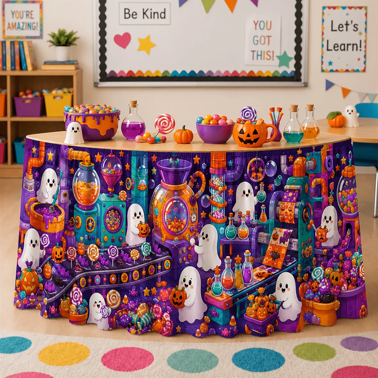 Tablecloth/tableskirt 2D FLAT 1 piece tablecloth table skirt Halloween candy factory table skirt printed patternzyc