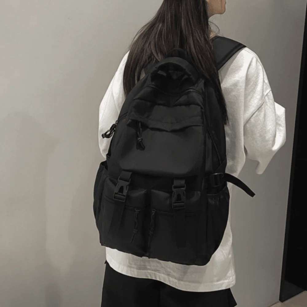 Fashion Large Capacity Canvas Backpack Harajuku Solid Color Students School Bag Nylon Multi Pocket Shoulders Bag Teenage