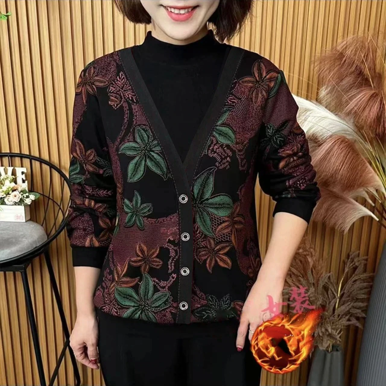 Women's Flannel Lined Floral Base Layer Elegant Fake Two Piece Mid-Age Mother Winter Tops