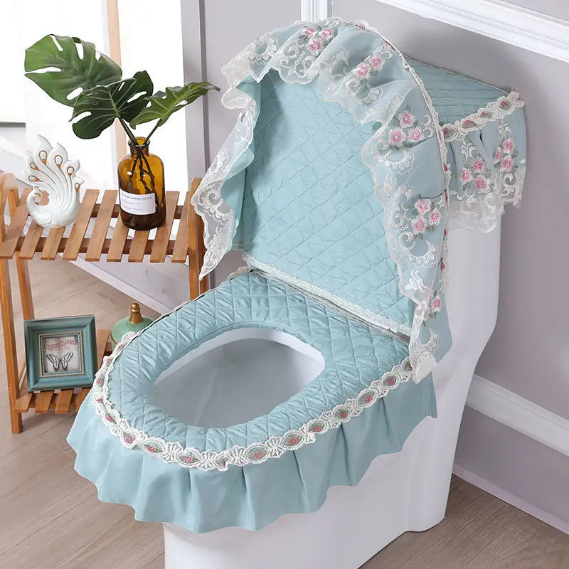 Fashion Solid Color Lace Decor Home Toilet Pad Light Luxury Style Zippered Toilet Seat Cushion Set Universal Cotton Toilet Cover