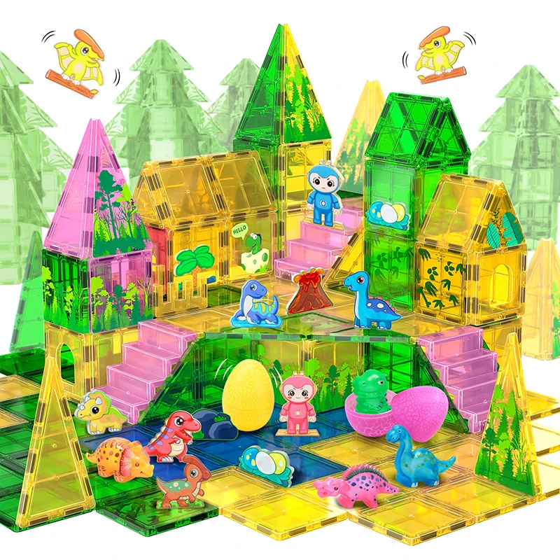 恐竜の森テーマ マグネットタイル 61ピース 恐竜マグネットタイル 組み立ておもちゃ 子供 男の子 女の子 STEM学習玩具 誕生日プレゼント