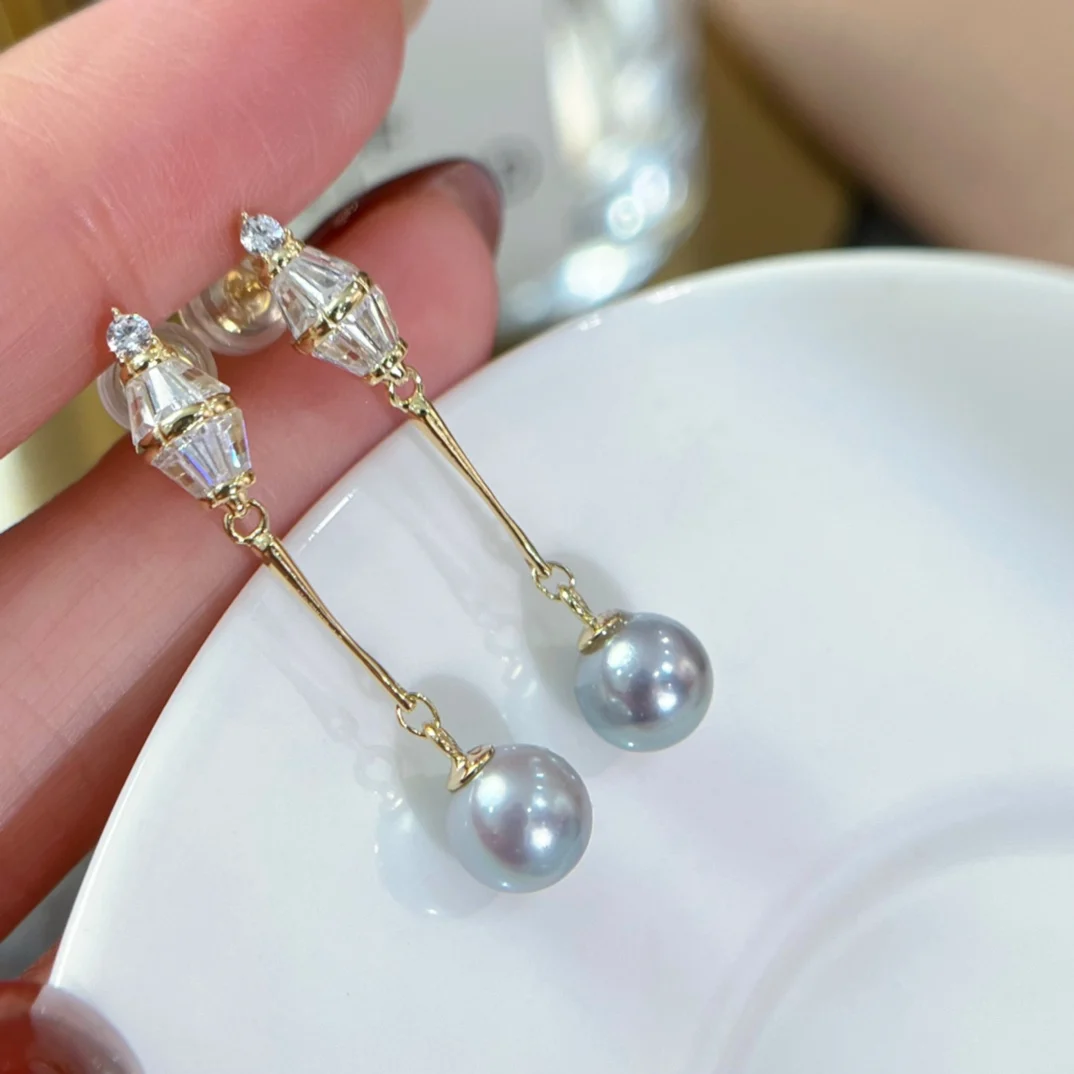 YB2024 Pure 925 Sterling Silver Round 7-8mm Japan Sea Water Bluish Gray Pearls Studs Earrings Women Fine Pearl Earrings Clasps