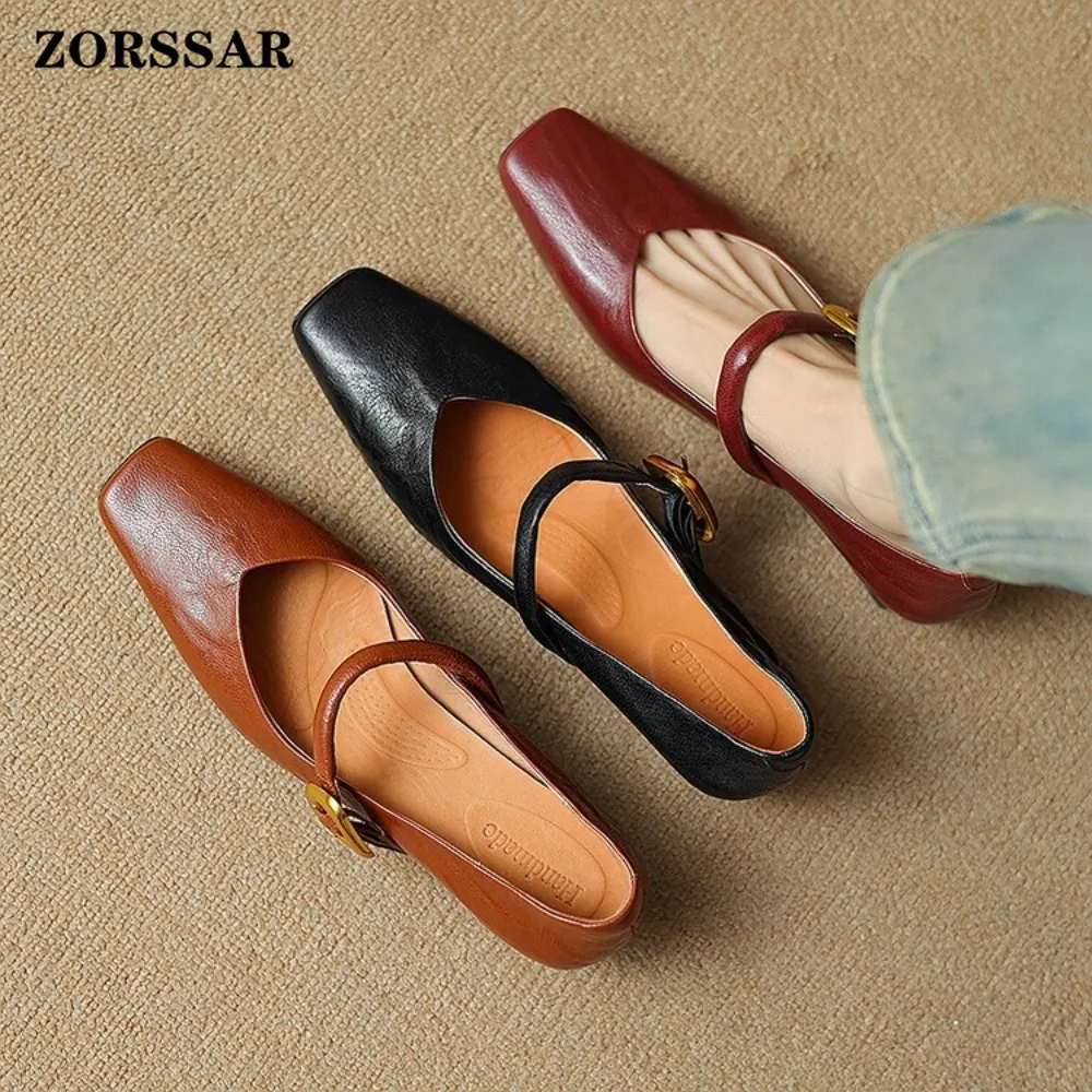 Brand Flat Bottom Mary Jane Women's Shoes French Retro One Line Buckle Red Women's Patent Leather Ballet Shoes Trend Size 34-42
