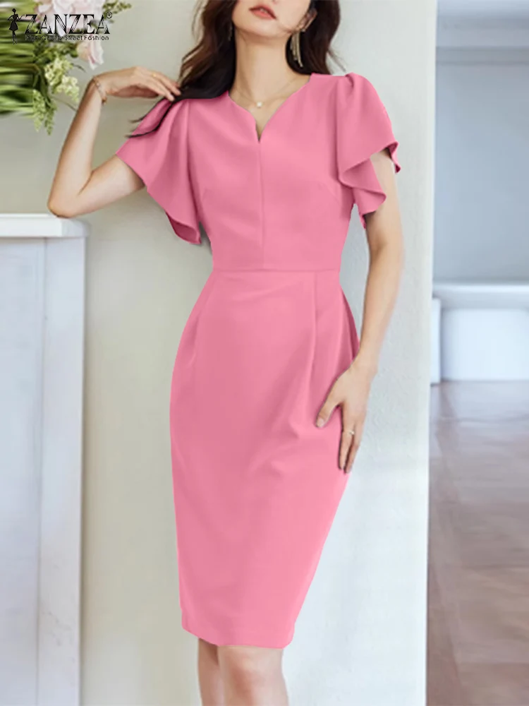 

ZANZEA Women Ruffle Short Sleeve Vestidos 2024 Summer Solid Slim Robe Fashion Office Knee Dresses Elegant Wrap Hips Party Dress