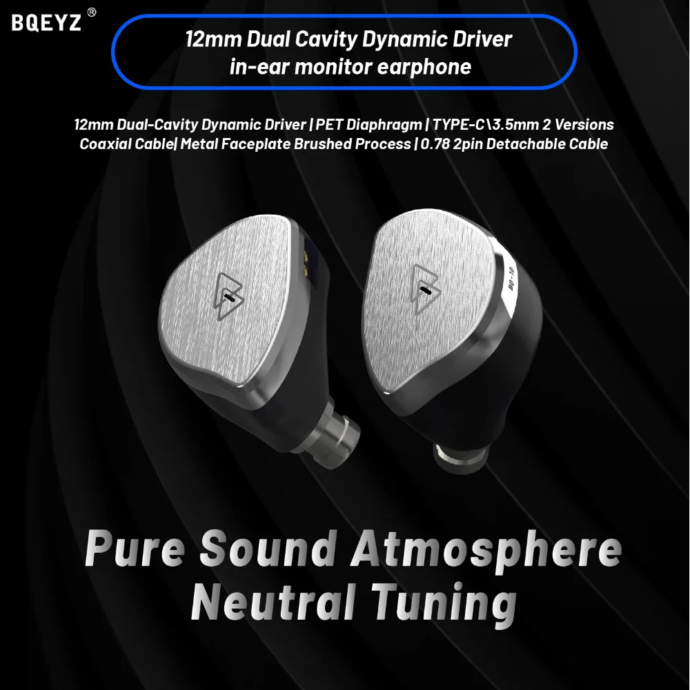 Bqeyz Bq10 12mm Pet Dynamic Driver In-ear Earphones Hifi Wired Iem Gaming Earbuds 0.78mm 2pin Detachable Silver-plated Ofc Cable