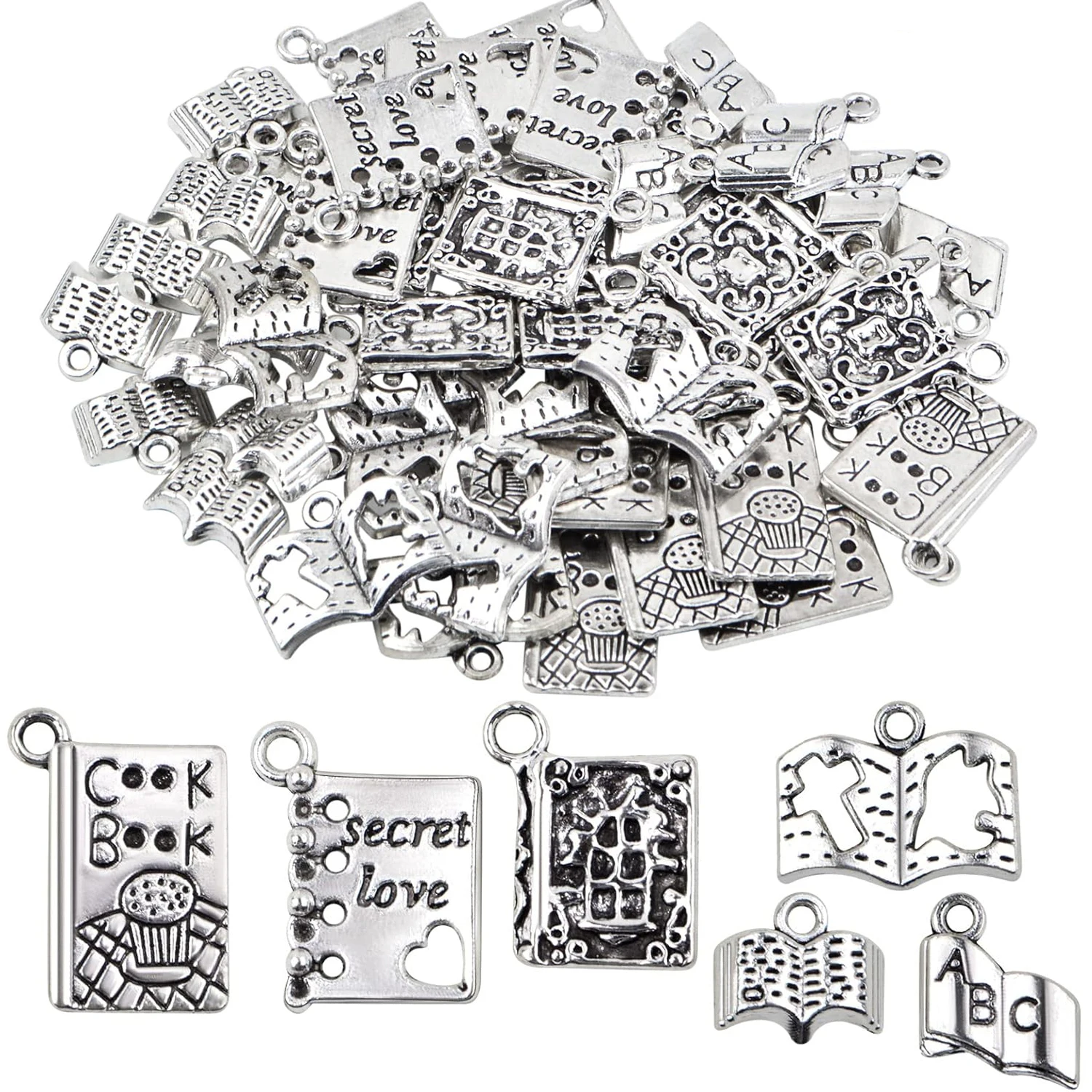 

60 штук маленьких металлических подвесок в виде книг для браслетов, дневников, ключей, ожерелий, для изготовления ювелирных изделий, 6 стилей
