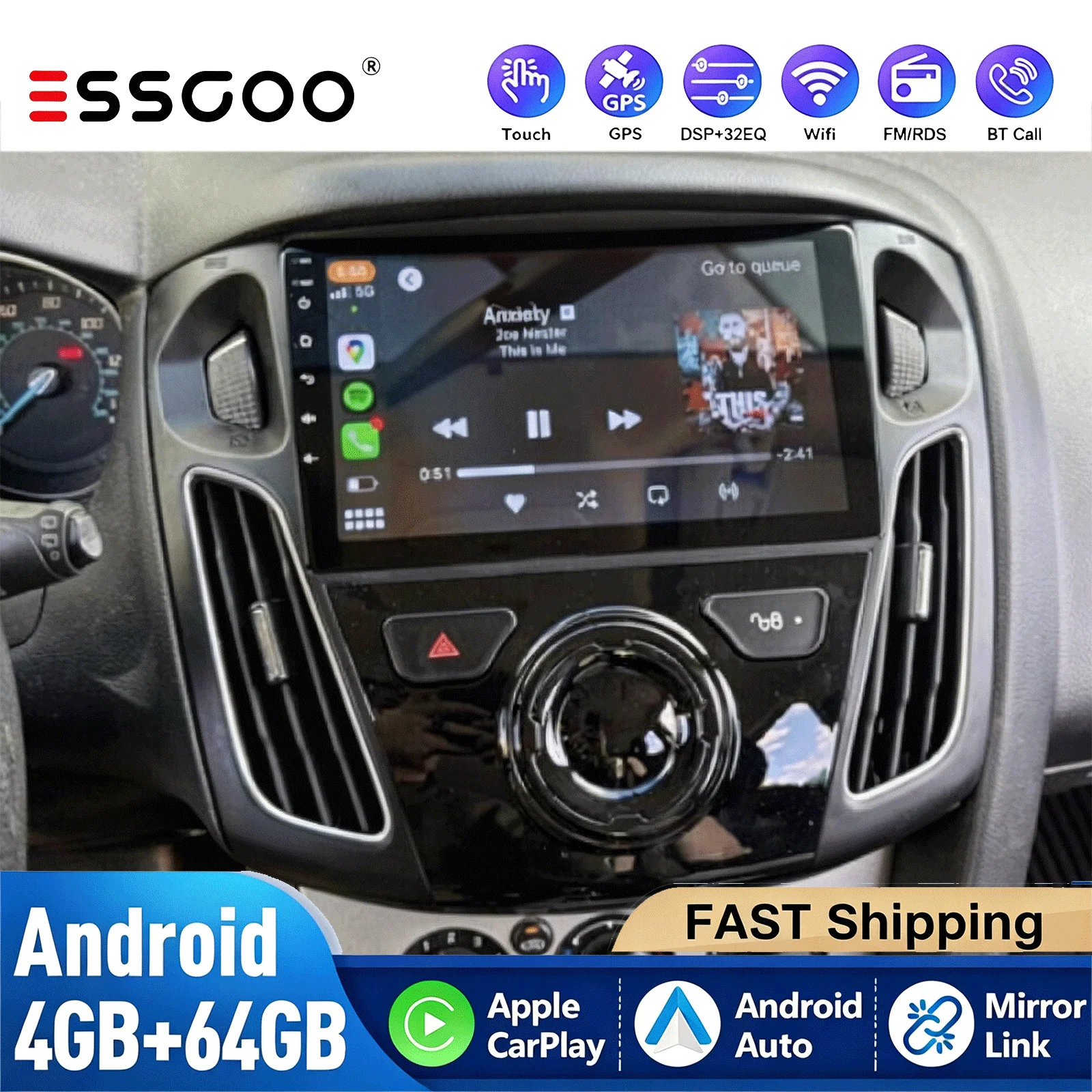 ESSGOO 4+64G Für Ford Focus 3 MK 3 2012-2018 CarPlay Multimedia-Player Stereo Android Auto Radio GPS RDS NAV WiFi BT DAB+ Kamera
