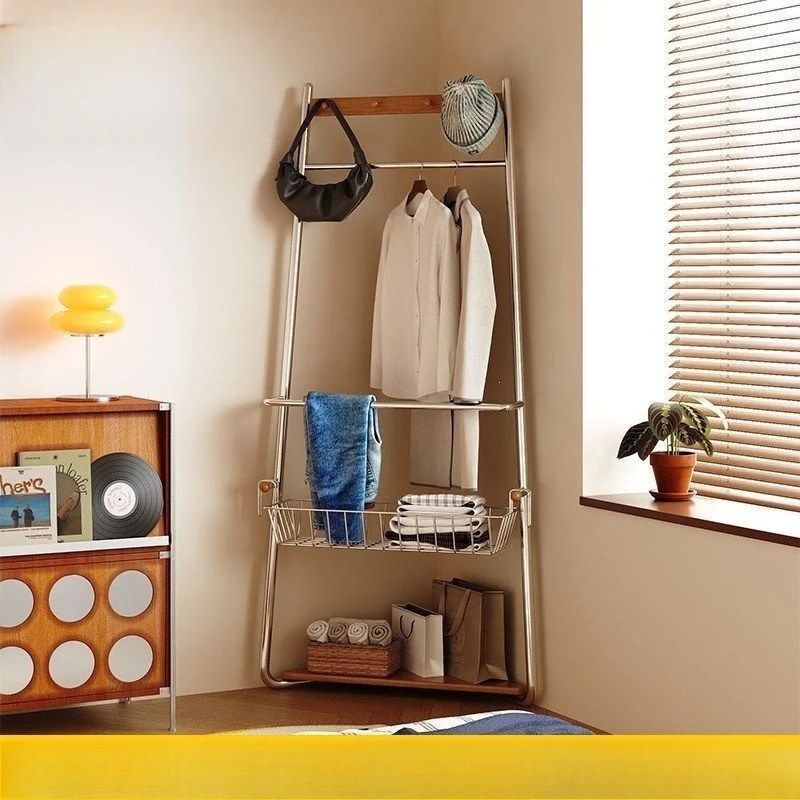 Solid wood corner coat rack Nordic style retro floor coat rack living room bedroom multi-layer storage rack