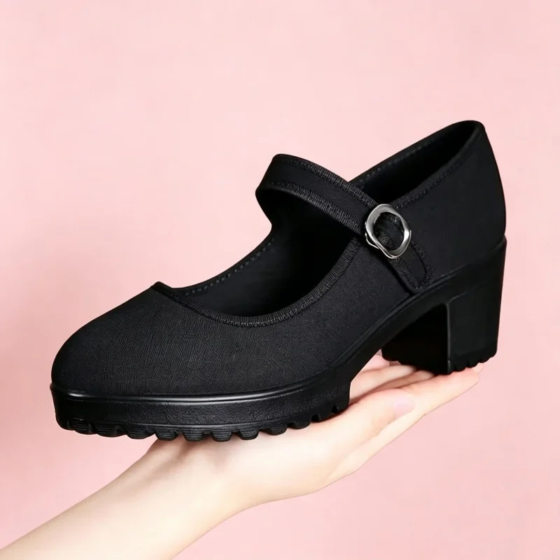 6cm 8cm 10cm Breathable Comfortable Shallow Oxford Cloth Shoes Mary Janes 2025 Spring Block Heels Shoes for Mom Dance Work Black