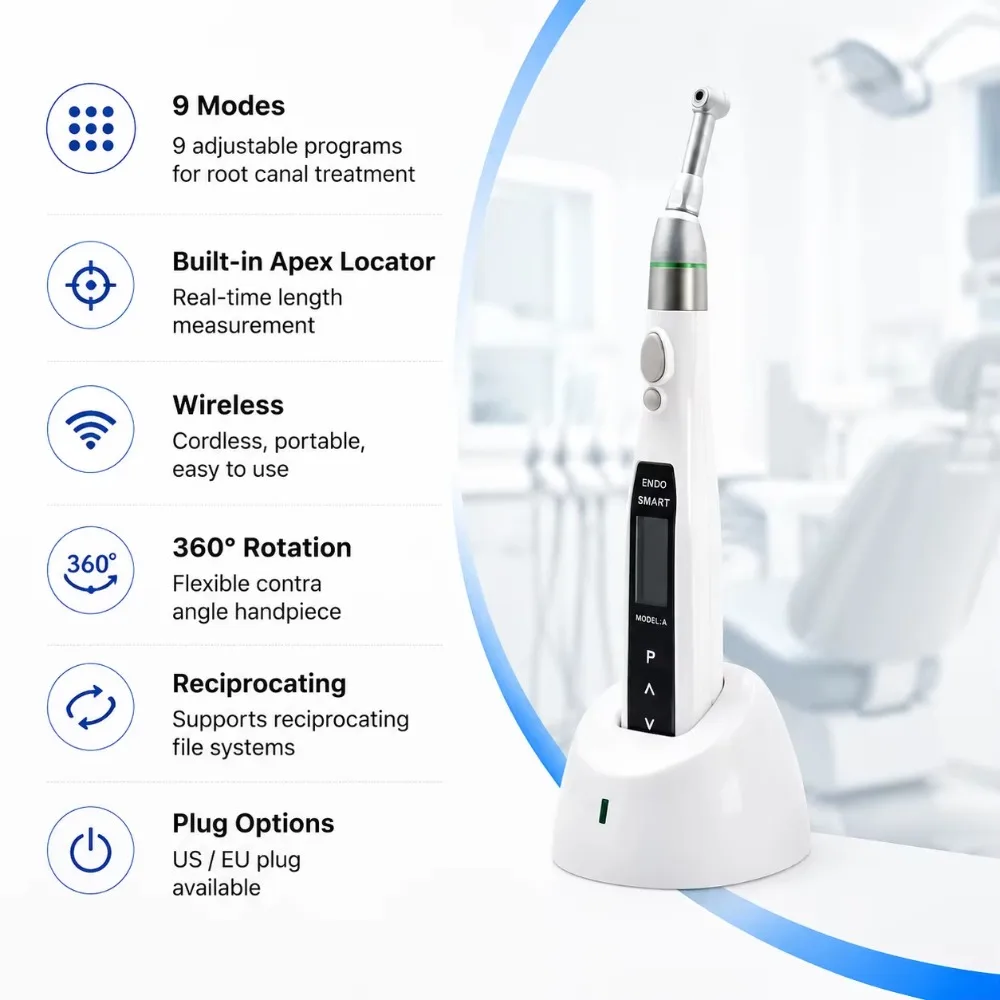 Dental Endo Motor Model A Built-in Apex Locator Wireless 9 Modes Reciprocating 360° Rotation Root Canal Treatment Handpiece