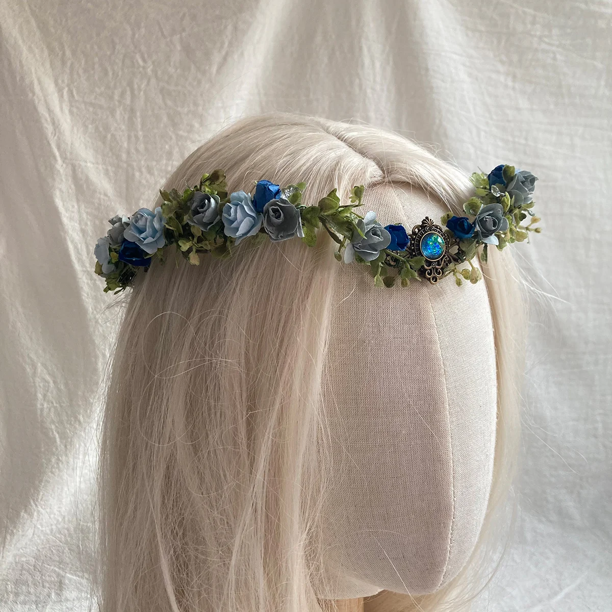 

Dusty Blue Elven Crown Wedding Bride Flower Headband Elven Tiara Fairy Floral Halo Elvish For renaissance Cosplay