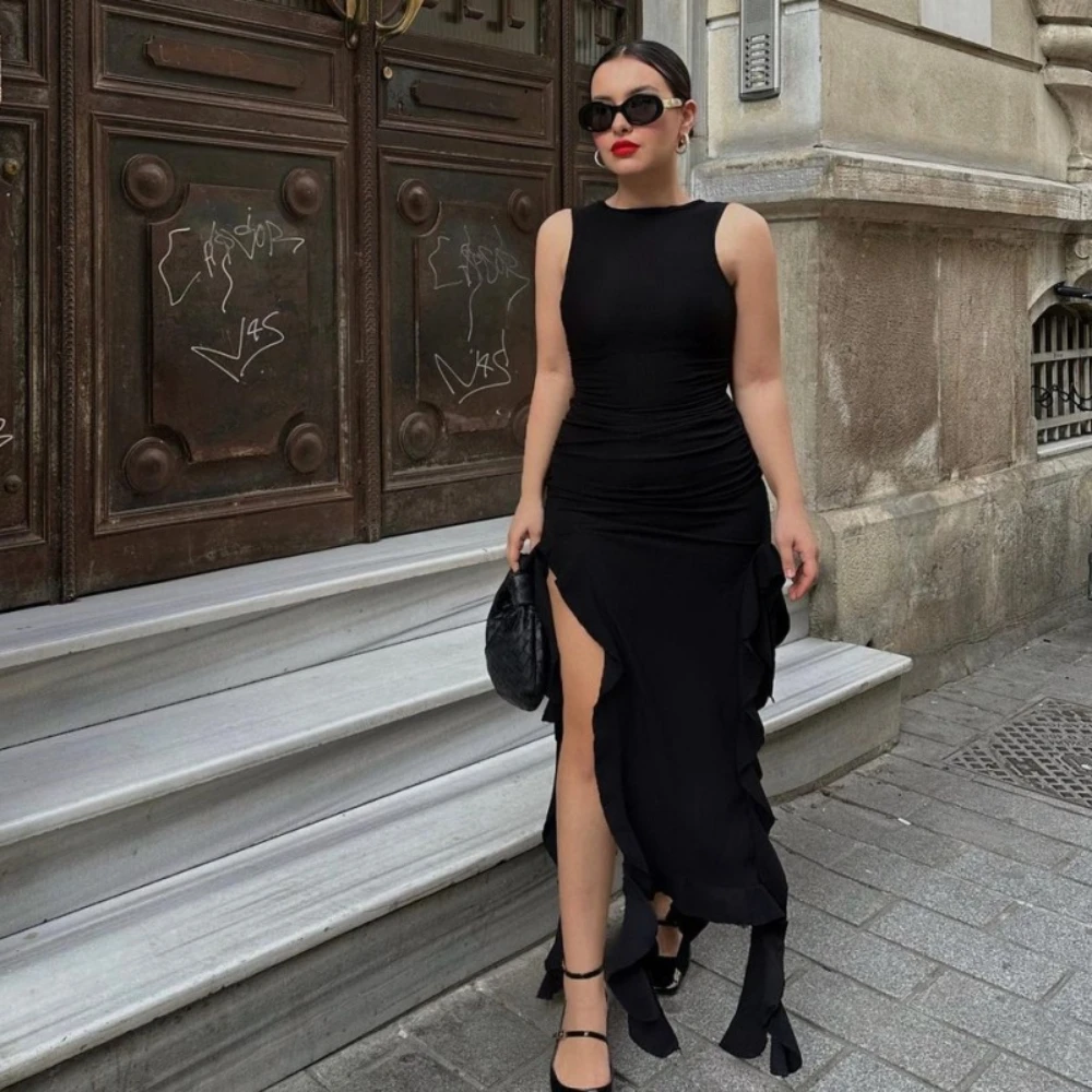 

Новые платья, сексуальное кружевное платье с круглым вырезом и рюшами для похудения, юбка на бретельках, облегающее вечернее платье для коктейльной вечеринки, лето 2023 г.