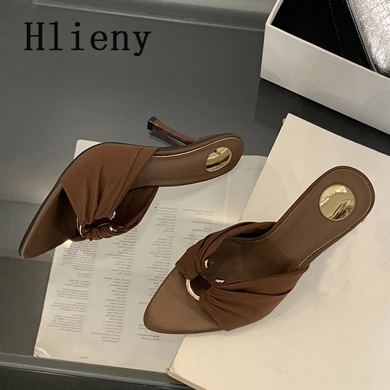 Hlieny Design Metal Buckle Slipper Modern Womens Fashion Summer High Heels Sexy Pointed Toe Nightclub Sandals Stripper Shoes
