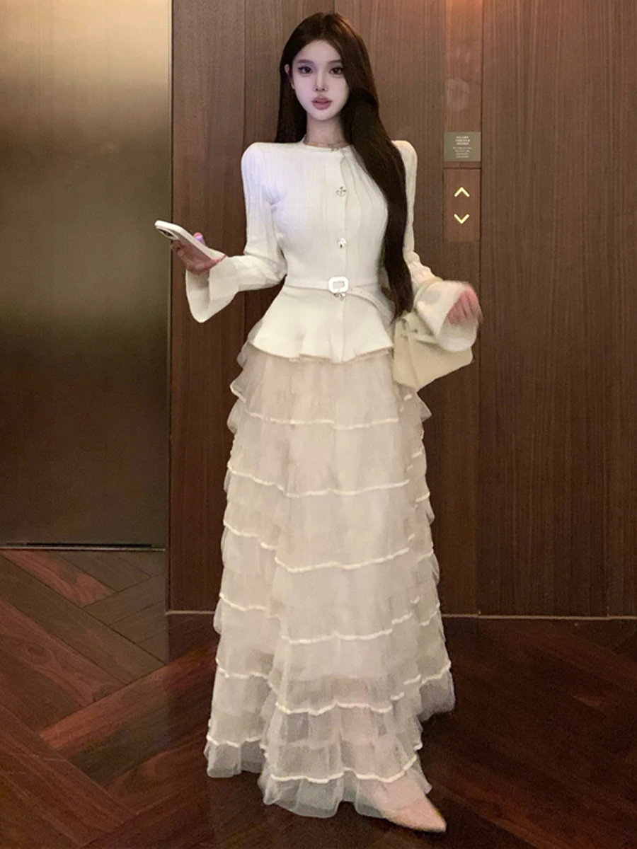 Elegant Knitted Long Sleeve Top And Skirt Set with Bell Sleeves And Waist Cinching Cake Skirt Fashionable plus Size Women's O...