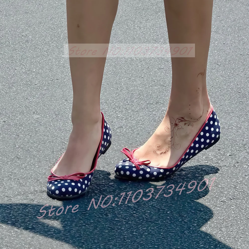 Polka Dots Flat Shoes Women Casual Bowknot Round Toe Twotone Slip-on Shoes Ladies Big Size Retro Summer Ballet flats Shoes