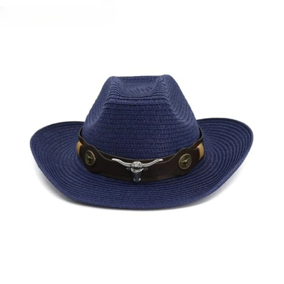 

Navy Hat Cowboy Men Straw Panama Hat Belt Cow Decorate Wide Brimmed Hats for Summer Khaki Male Hat Brand Design New Arrival