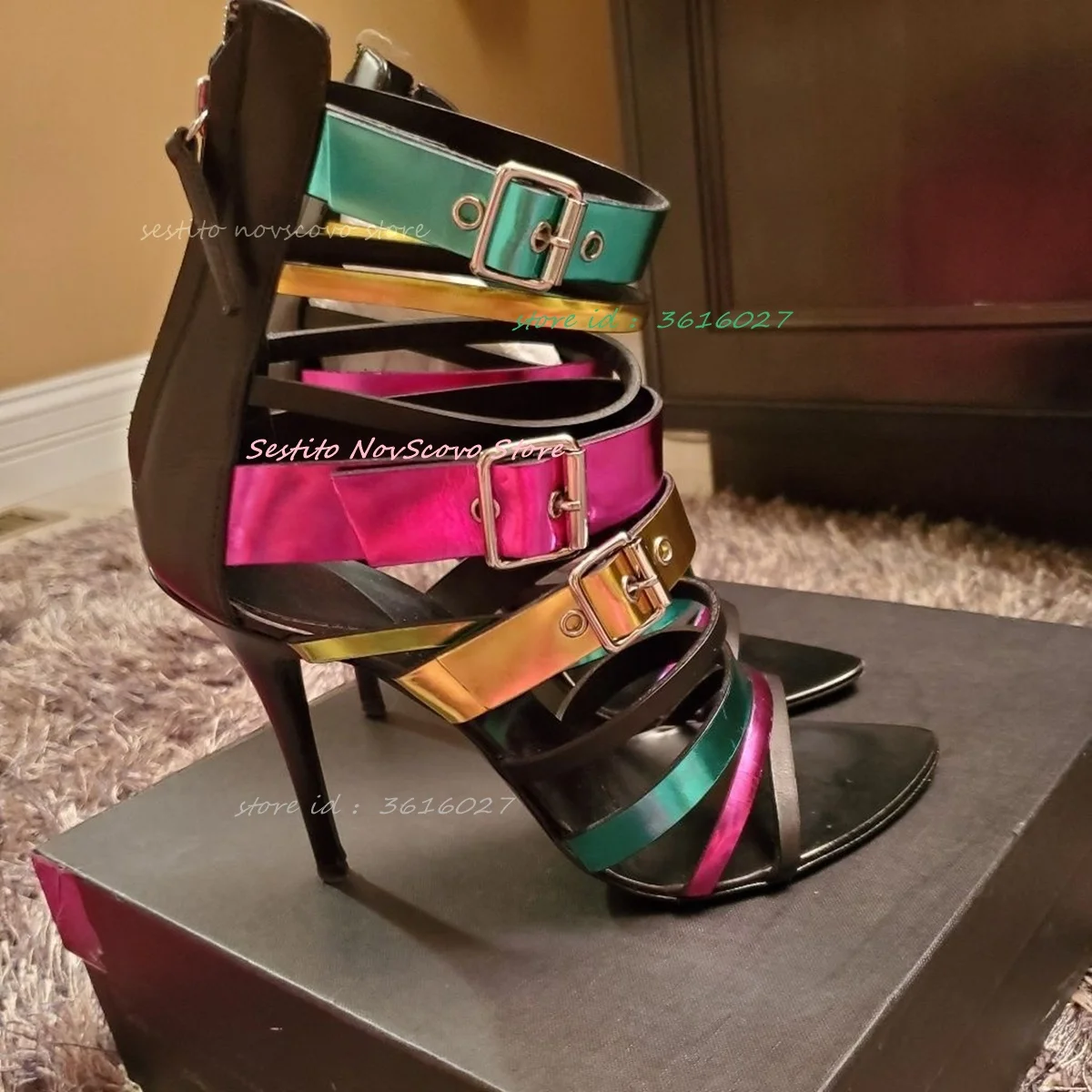 Sandalias enjauladas con correas multicolores, puntera abierta puntiaguda, tacón de aguja, tacones altos, sandalias de gladiador, recortes, zapatos con hebilla de cinturón