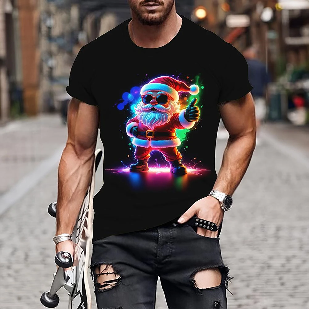 Funny Christmas Men's T-Shirts Cool Beer Santa Claus Graphic 3D Print T-Shirt Short Sleeved Tees Oversized Clothing Tops Outdoor