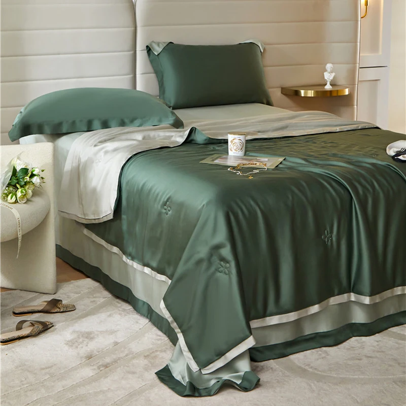 2024 Long Staple Cotton Solid Color Stitching Four-piece Bedding Household Must Four Season Universal Luxury Bedding Dark Green