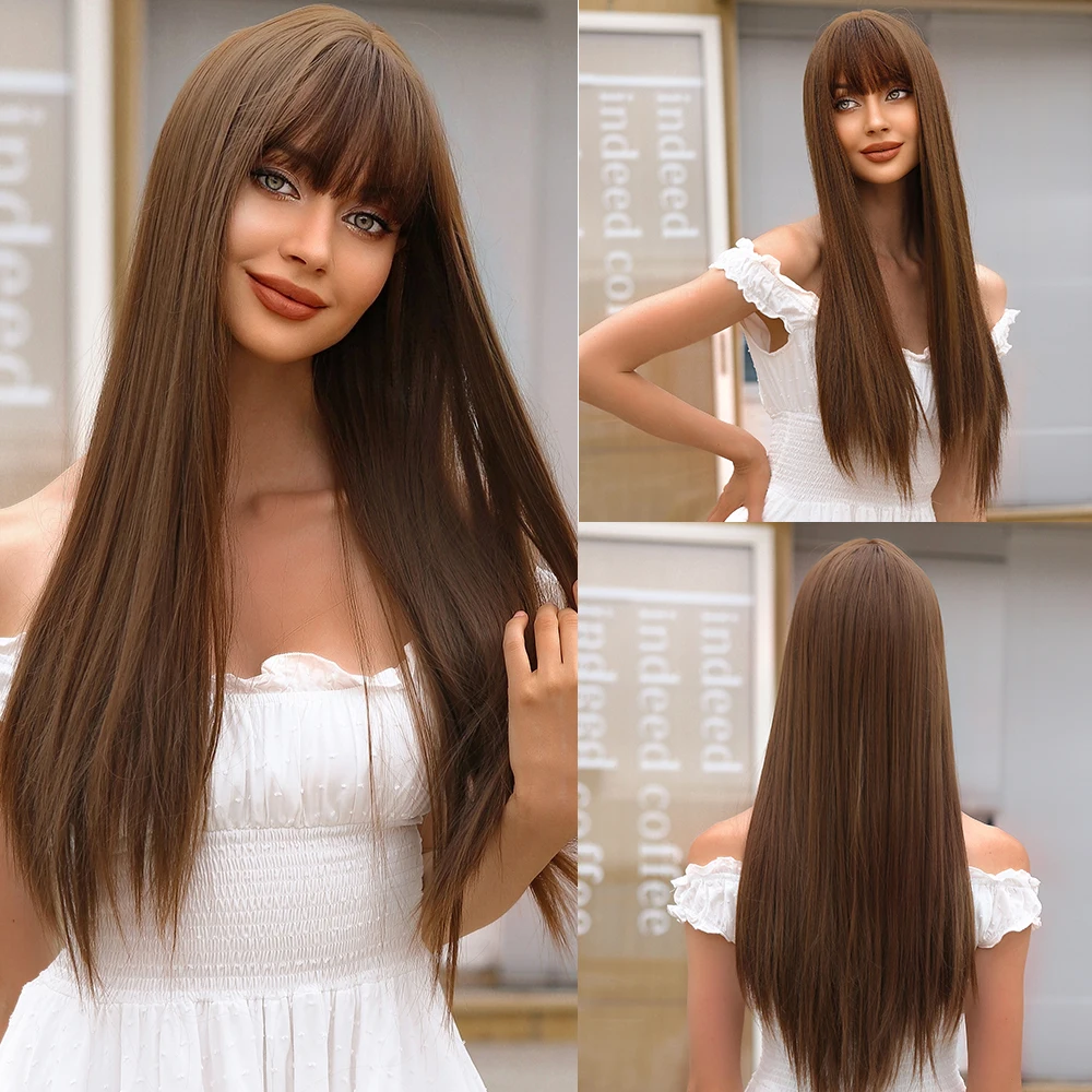 HENRY MARGU Long Synthetic Cold Brown Wigs with Bangs Light Coffee Straight Hair Wig Natural Daily Cosplay Heat Resistant Fiber