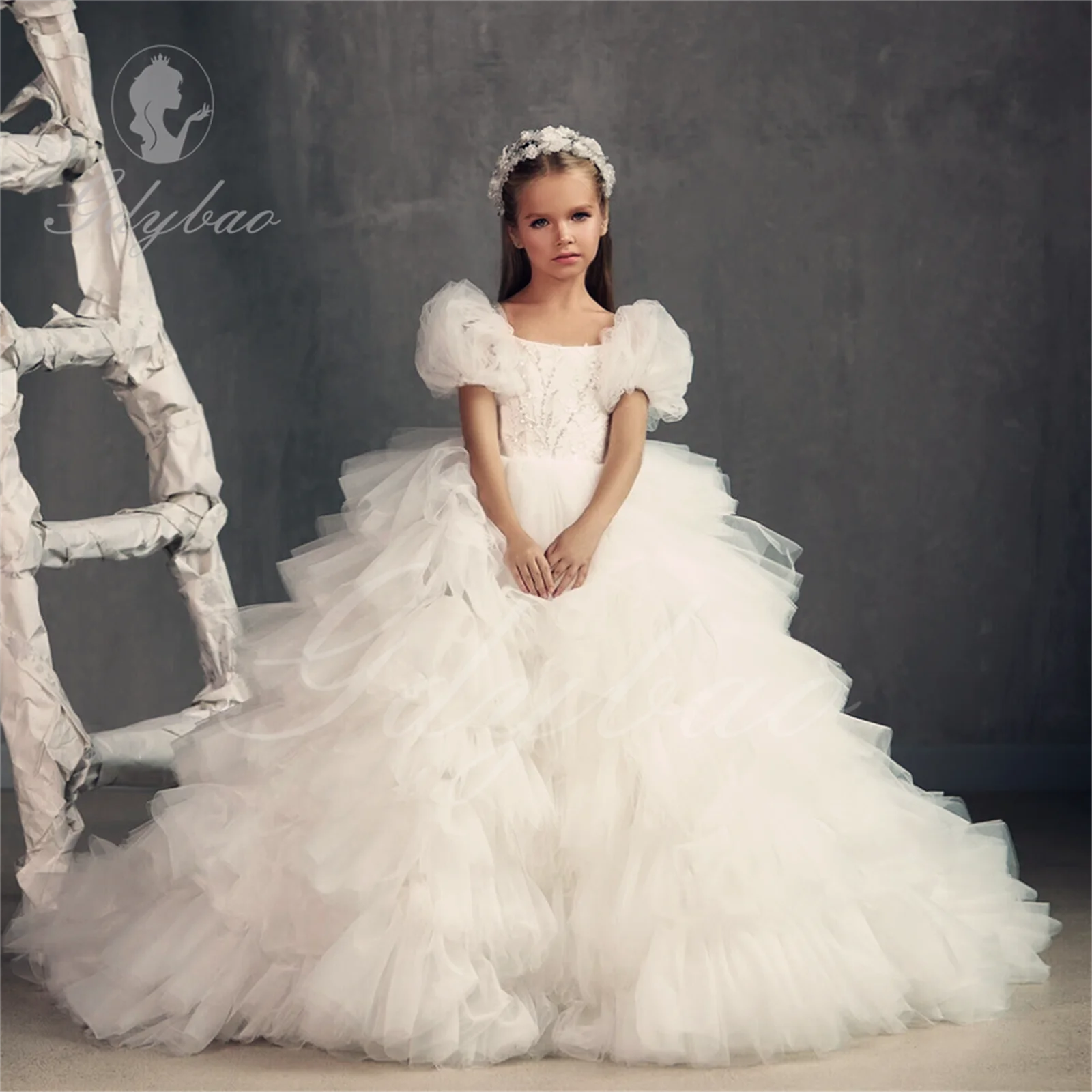 White Plump Girl's Dresses Ball Gown Flower Girl Dress For Wedding O Neck Princess Birthday Party Pageant Custom Made