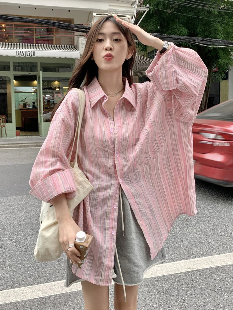 Jmprs Women Korean Striped Shirts Loose Long Sleeve Casual Sweet Blouse Retro Fall New Lazy Wind Female Vintage Pocket Soft Tops