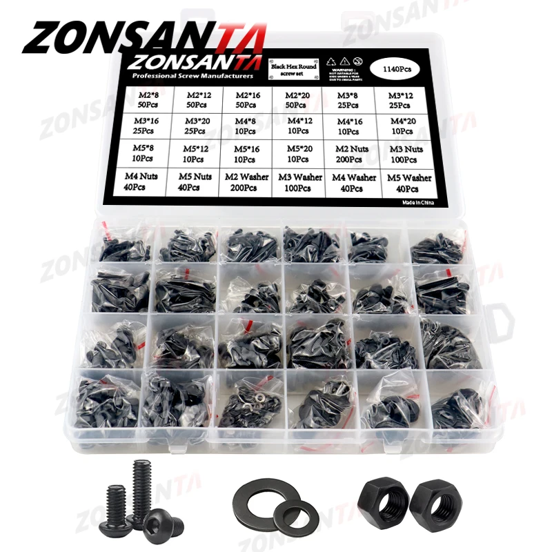 ZONSANTA M2 M2.5 M3 M4 M5 Grade 10.9 Steel Hex Hexagon Socket Button Round Head Black Screw Allen Bolt Nut Washer Set Kit Box