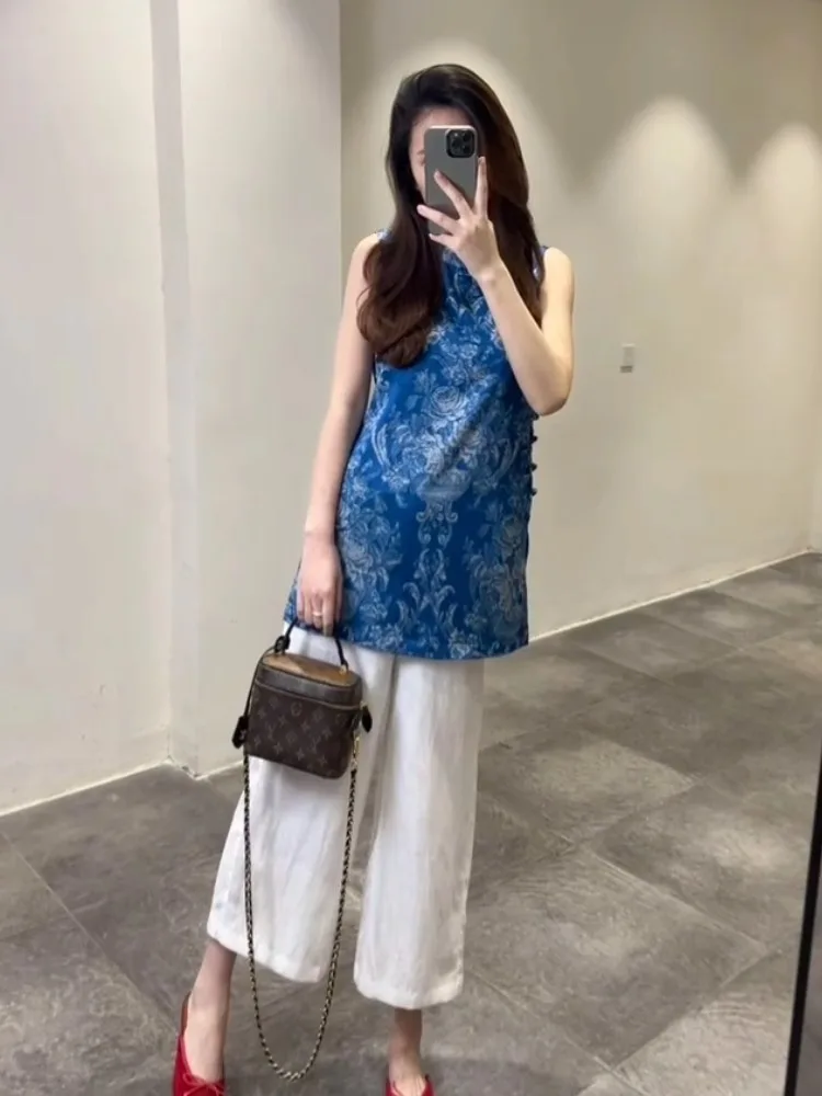 Pantalones de pierna ancha con estampado Floral azul y traje de verano para mujer, conjunto de dos piezas, nuevo traje nacional chino 2025