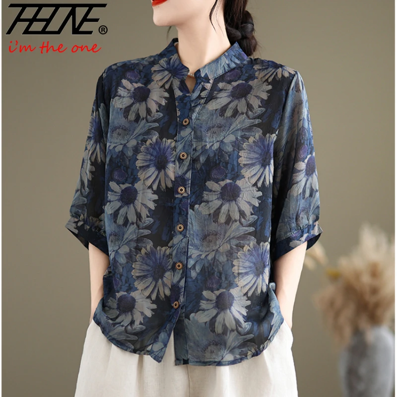 

THHONE Summer Woman Blouse 2025 Fashion Print Vintage Casual Loose Elegant Korean Floral Short Sleeve Women's Clothing Shirts