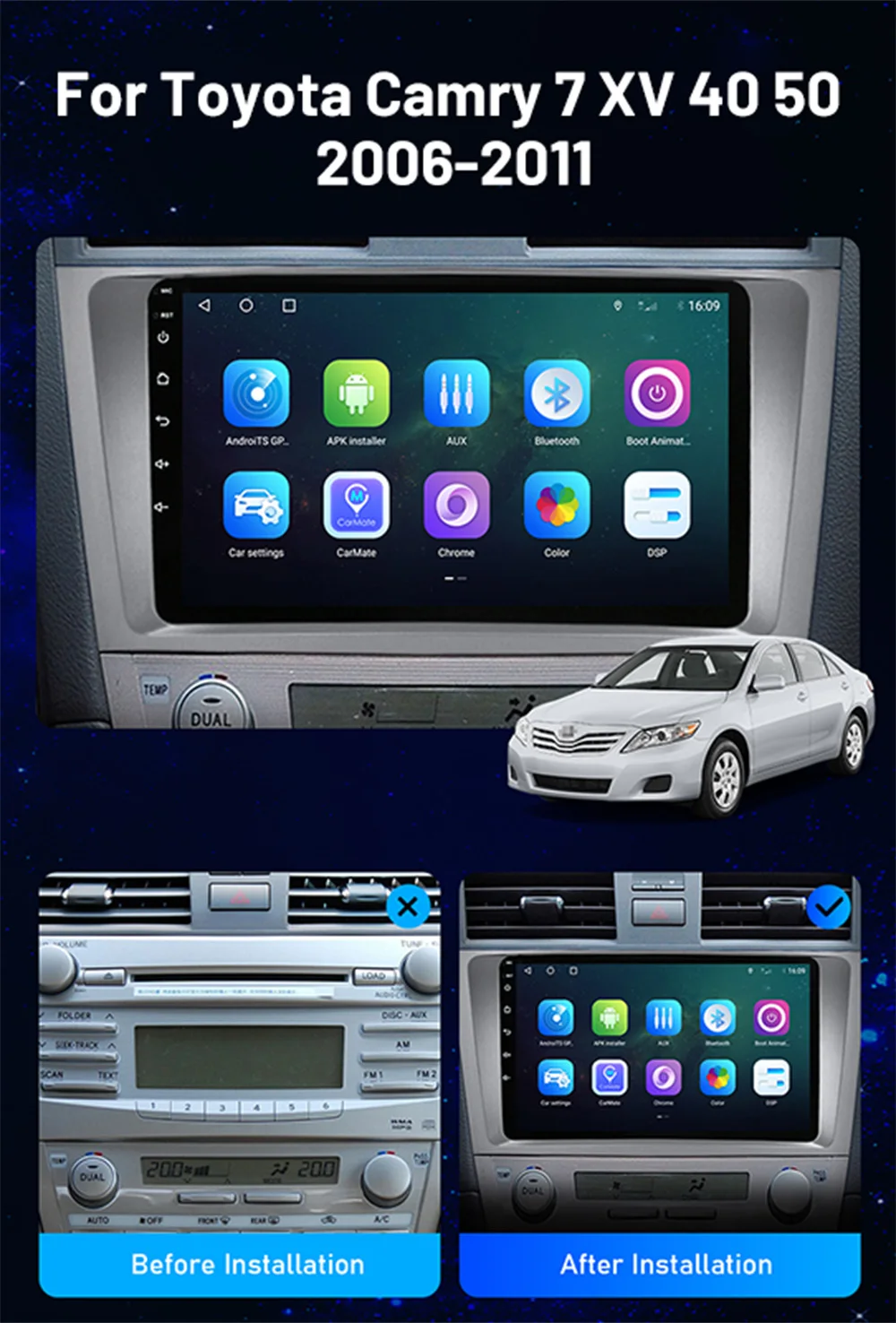 Rádio do carro android 13 carplay bluetooth android auto sem fio para toyota camry 7 xv 40 50 2006-2011 autoradio 8 núcleo de navegação