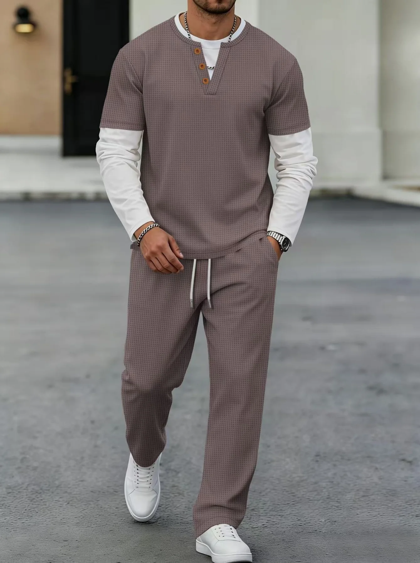 2026 Men's Waffle Long-Sleeved T-Shirt Pure Color Buttoned Casual Fashion Spring Autumn Outdoor Wear Fake Two-Piece Set