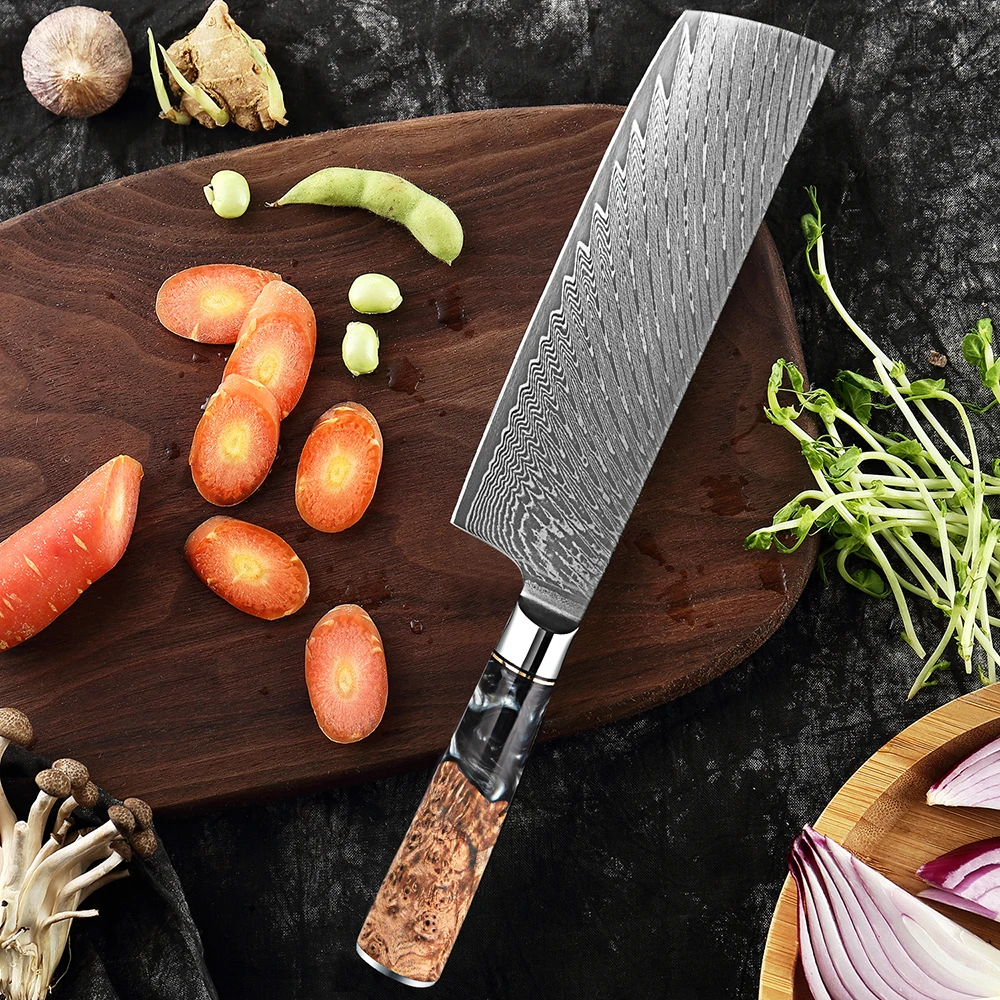 High Quality Nakiri Knife 7 Inch Japanese Vegetable Knife Damascus High Carbon Steel Sharp Asian Knife Kitchen Slicing Knife