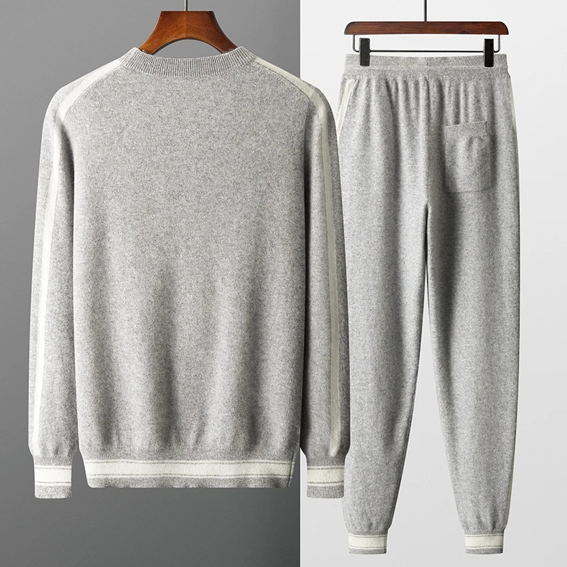 Autumn and Winter 100% Pure Cashmere 2-Piece set Men Loose and Warm Round Neck Pullover Sweater Knitted Casual Pencil Pants Suit