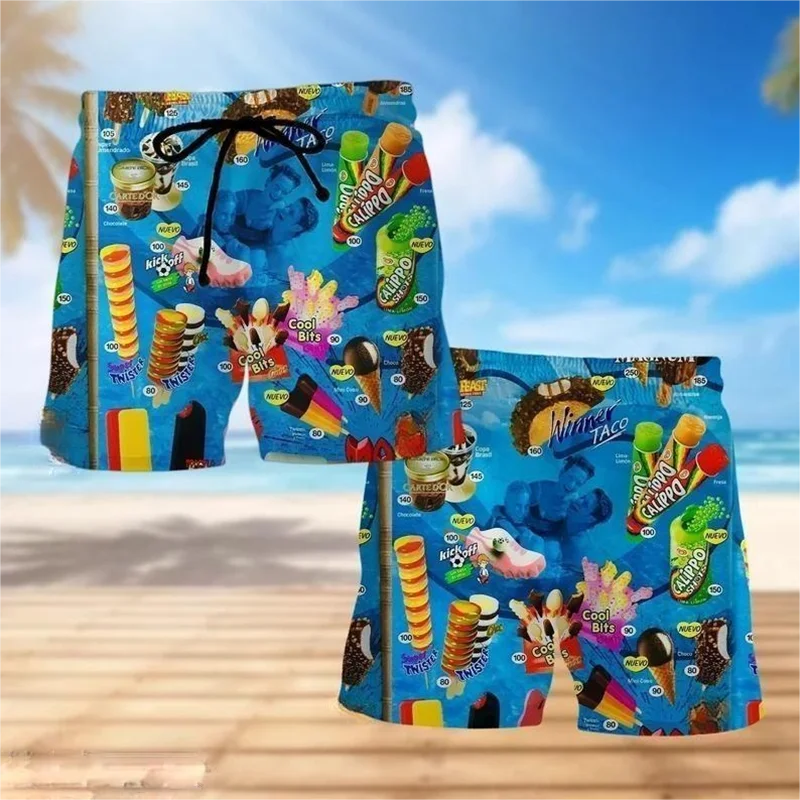 Calção de praia masculina de sorvete, estampa 3D, secagem rápida, calça curta engraçada, esportiva, calção de rua, calções de surf legais, verão