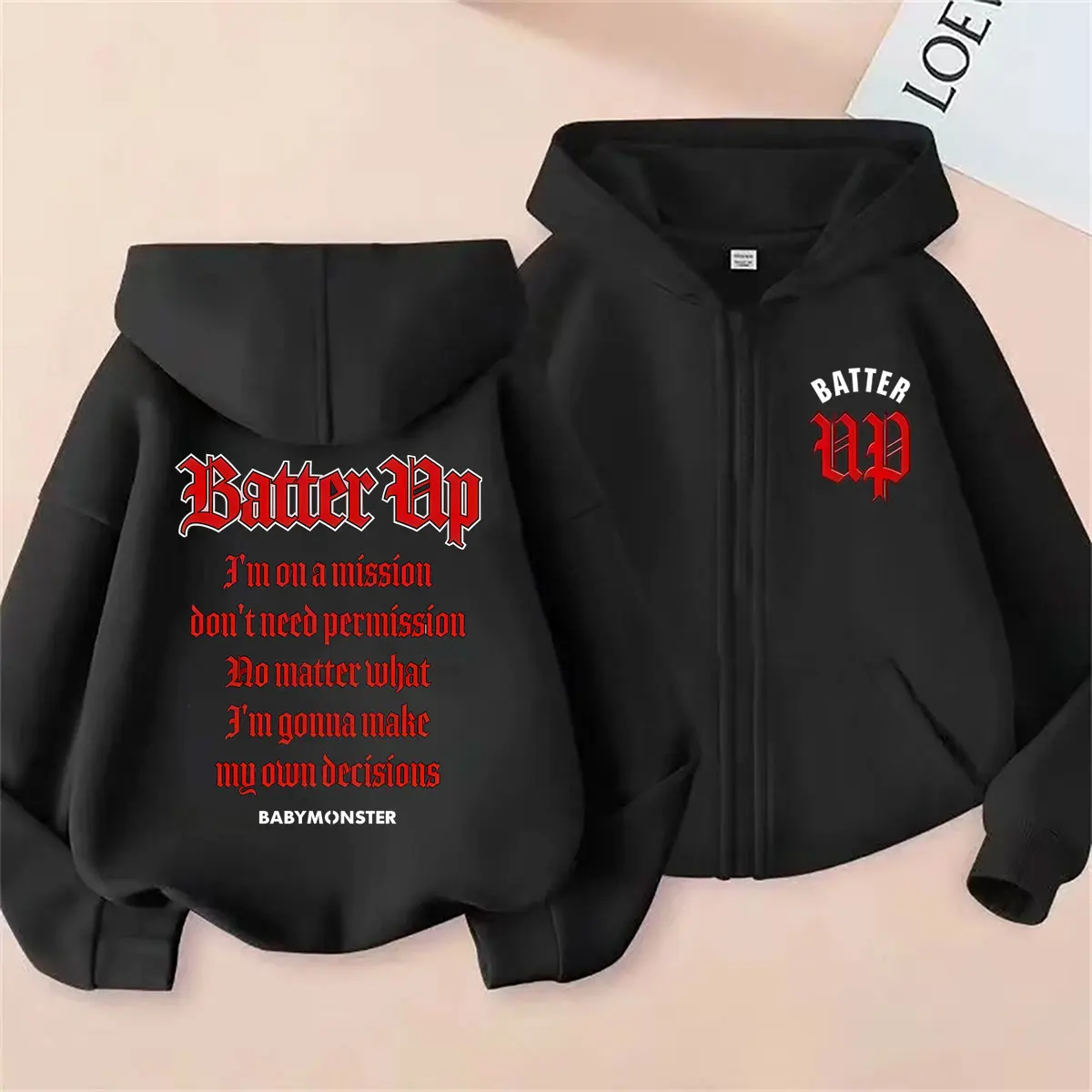 Moletom com Zíper Gráfico do Álbum Kpop Band Babymonster Batter Up, Moda Coreana, Jaqueta Oversized com Zíper para Homens e Mulheres, Moletom Casual M