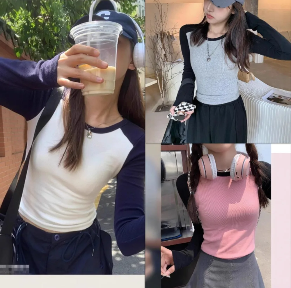 

Fashion Color Block Top Women Slim Casual Raglan Long Sleeve Knitted T-shirt Bottoming Shirt