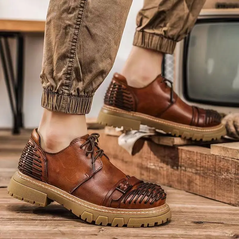 

Men's Genuine Leather Skull Punk Boots Casual Fashion Boat Shoes England Platform Men Loafers Driving Shoes Oxfords Lace up