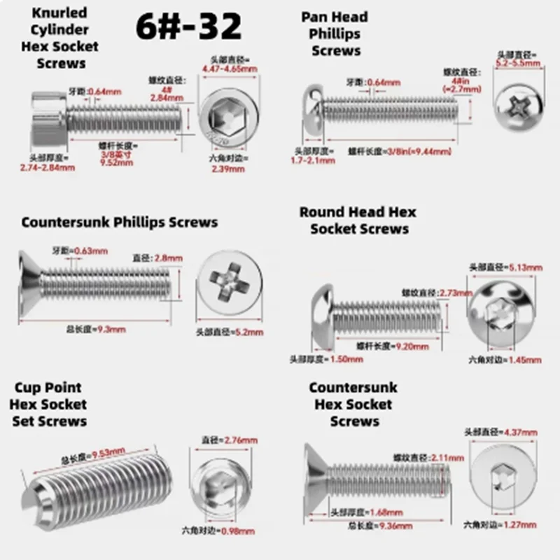 50 Pieces  6#-32 Screws UNF UNC Sizes Of 304 Stainless Steel Anti-Slip Wear-Resistant And Corrosion-Resistant