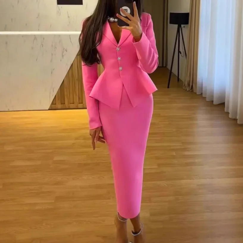 

Women Two Piece Sets Skirt Set Turn Down Collar Full Sleeve Coats Long Skirts A Line High Waist Y2k Streetwear Elegant Hip Wrap