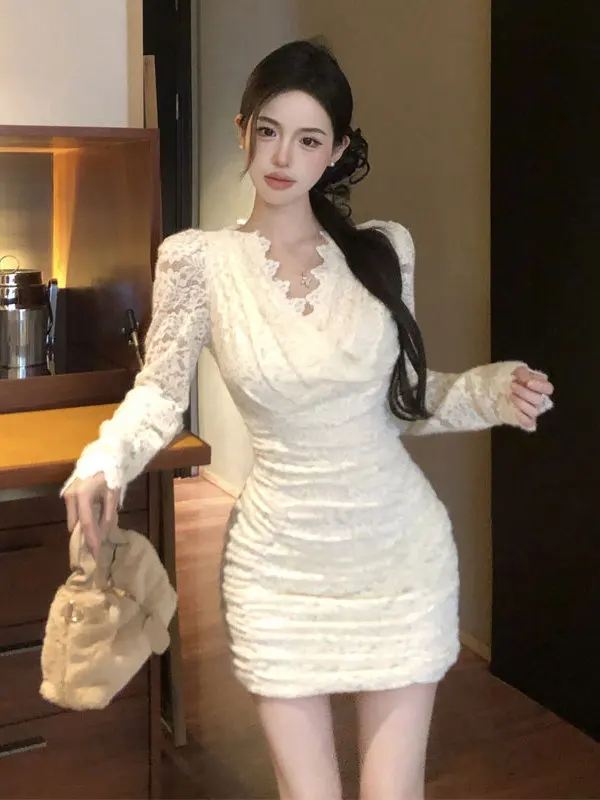 

Sexy V-Neck Bodycon Short Skirt Long Sleeve Lace Dress Korean Style Elegant Spring Fashion Women's Clothing Midi Dress