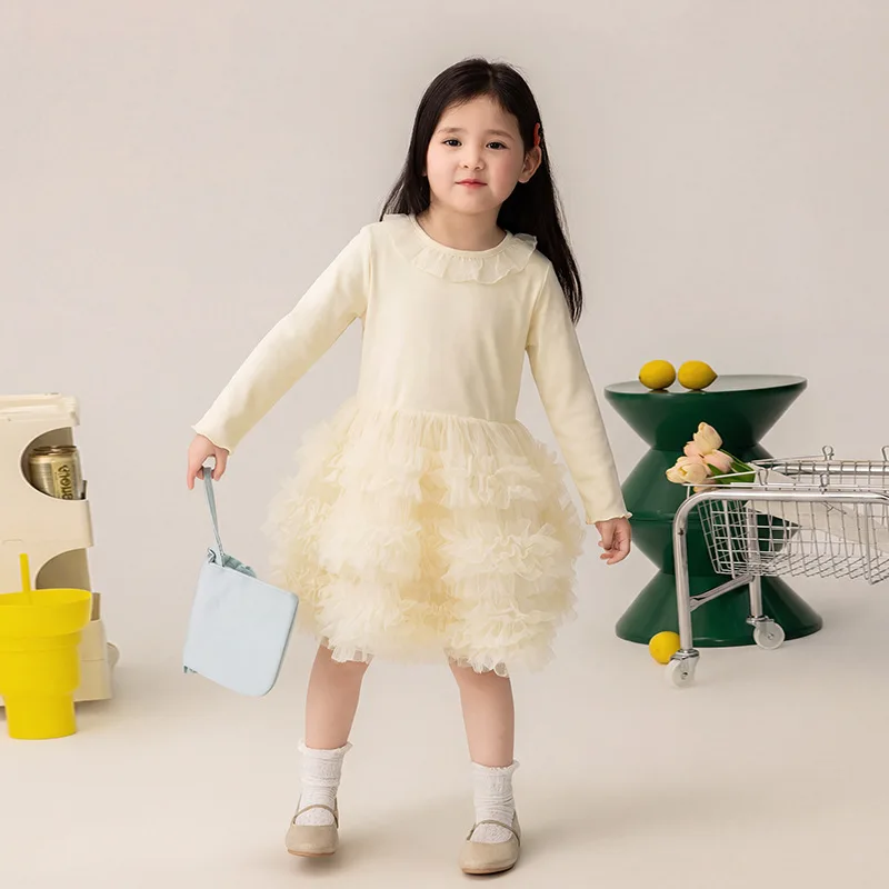 Girls Dress Long Sleeve 2026 Spring New High-end Mesh Princess Dress Cake Skirt Children Clothing
