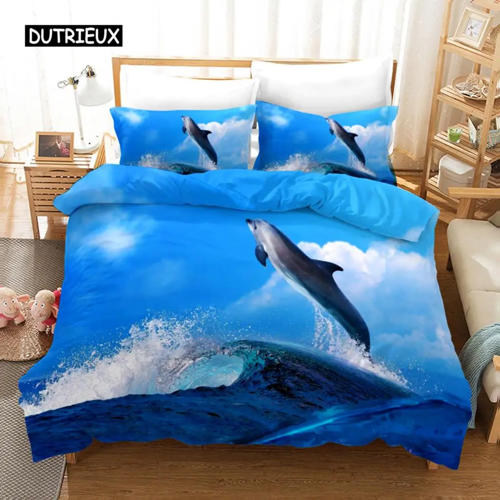 

Dolphin Duvet Cover Set 3D Dolphins Jumping Bedding Set Polyester Sea Animal Theme For Teens Double Queen King Size Quilt Cover