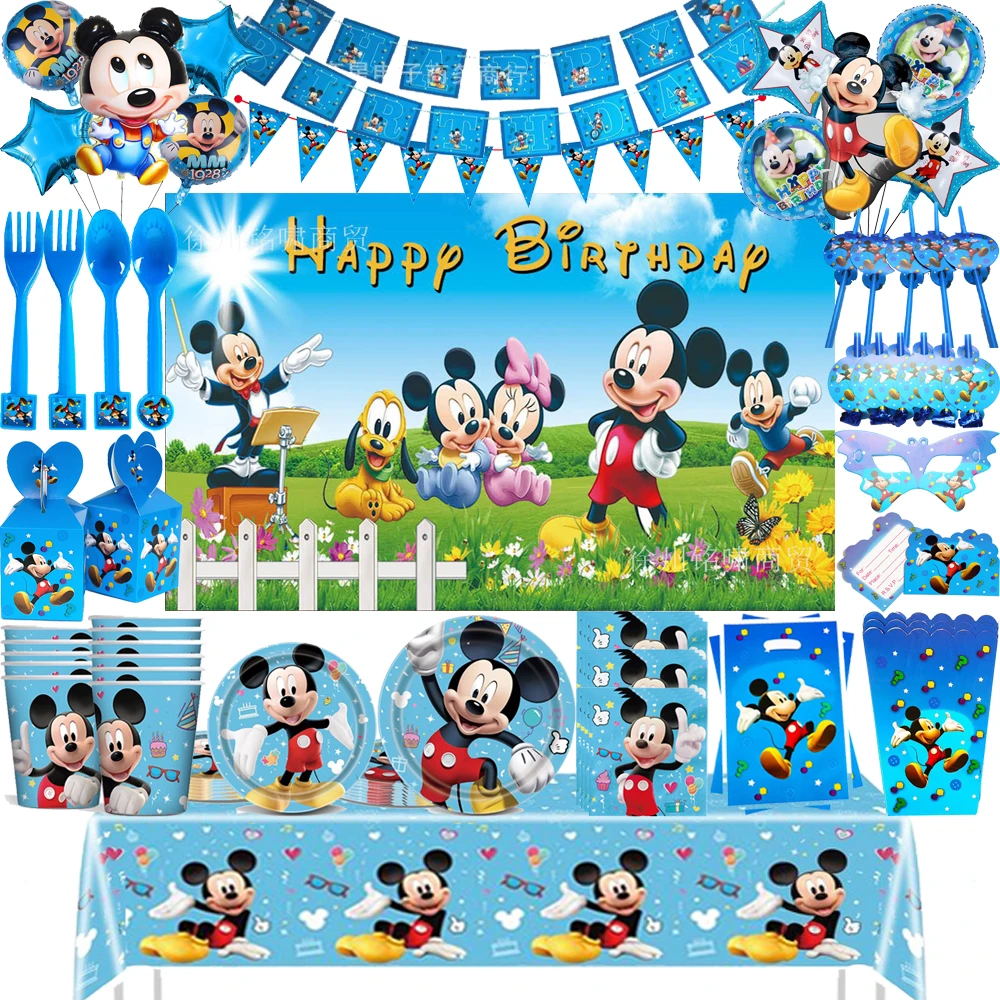 Blue Mickey Mouse Boy Birthday Decorations Disposable Tableware Plate Cup set Balloons For Kids Baby Shower Party Supplies Gifts