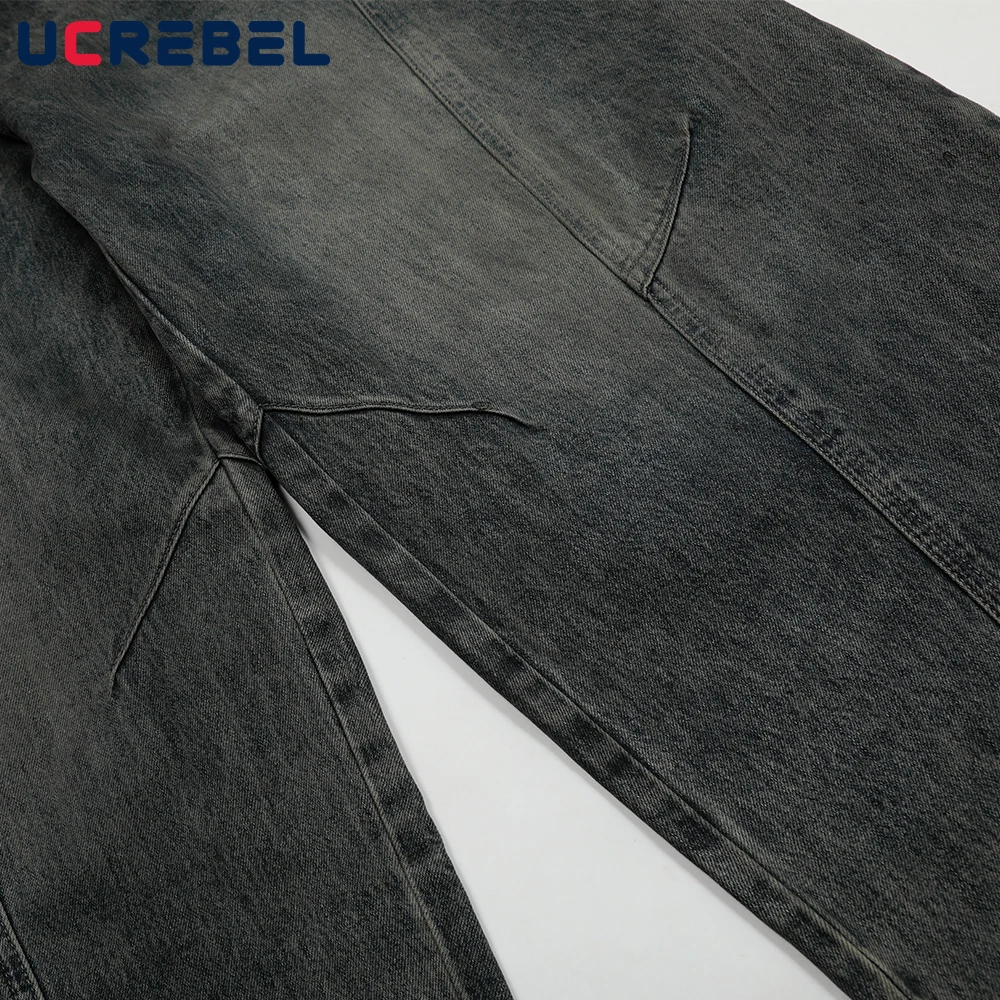 Spliced Scimitar Jeans Mens Washed Distressed Retro High Street Loose Wide Leg Denim Pants Men