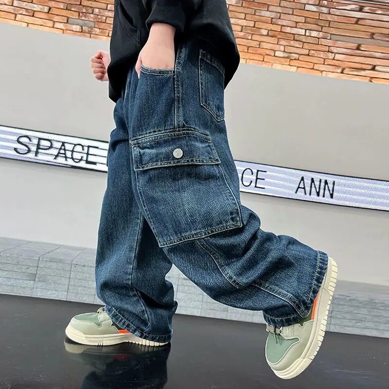 Korean Style Boys Cargo Pants Trendy Denim Jeans Kids Streetwear Casual Trousers Children Cool Hip Hop Long Pants for Boys