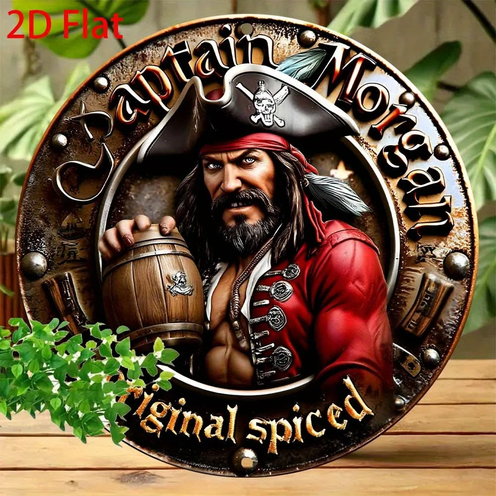 Letrero Metálico Redondo de Aluminio de 20.32x20.32cm con Diseño Pirata para el Hogar, Arte de Pared Metálico Retro Original de MORGAN Spice, Plano en 2D, Modelo Capitán