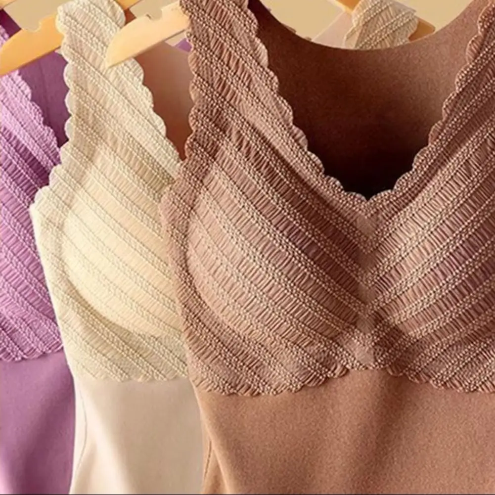 

2025 Women Padded Thermal Vest V-Neck Sleeveless Chest Pad Underwear Vest Seamless Velvet Lining Autumn Winter Warm Bottom Vest