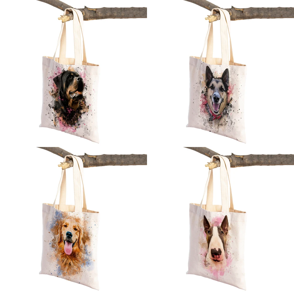 Watercolor Animal Eco Shopping Bag Women Canvas Tote Handbag Reusable Reusable Cartoon Dog Lady Shopper Shoulder Bags