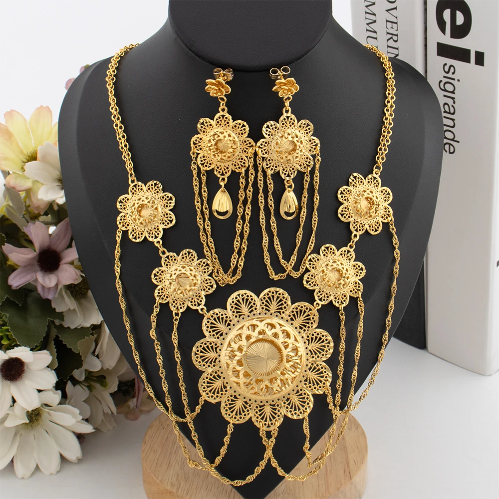 African Luxury Gold Color Jewelry Set for Women Bohemian Classic Tassel Design Earrings Pendant Set Copper Gold Plated Jewelry